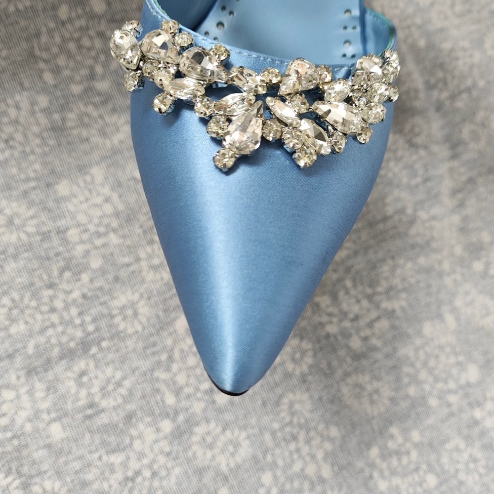 Manolo Blahnik Light Blue Satin Pointed-Toe Jeweled Mules - Picture 8 of 13